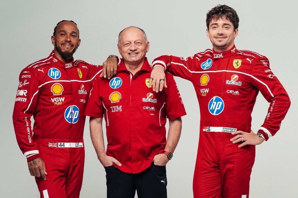 Lewis Hamilton, Charles Leclerc, Ferrari and Frederic Vasseur, Team Principal and General Manager, Scuderia Ferrari