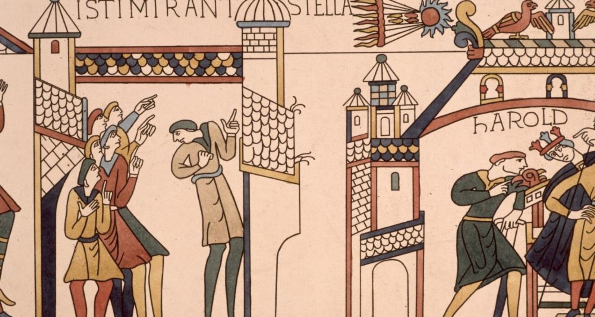 Photo of the portion of the Bayeux Tapestry depicting people pointing up at a flaming comet.