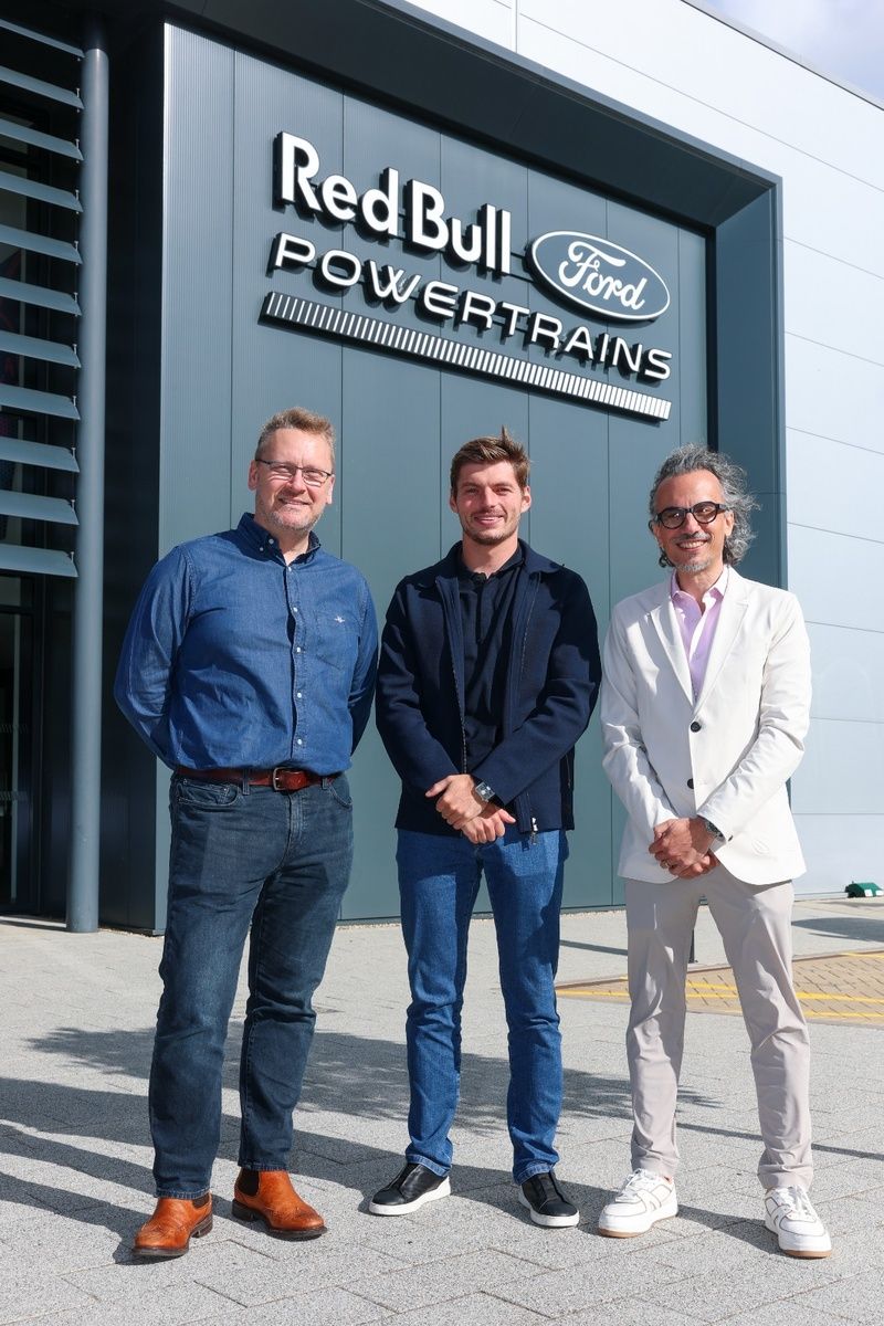 Ben Hodgkinson, Max Verstappen, Laurent Mekies at Red Bull Powertrains-Ford