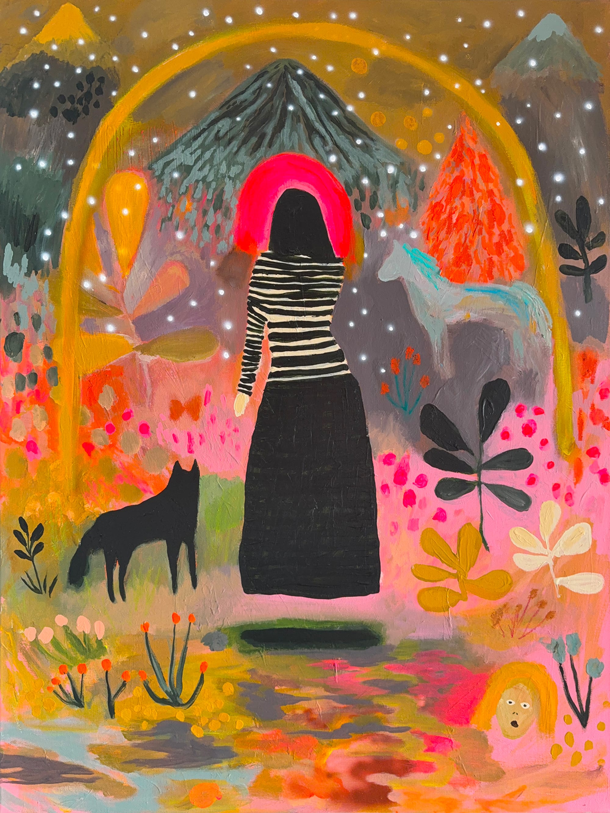 a folk-art inspired work by Michael McGrath with a person and dog looking at a mountain with flowers nearby