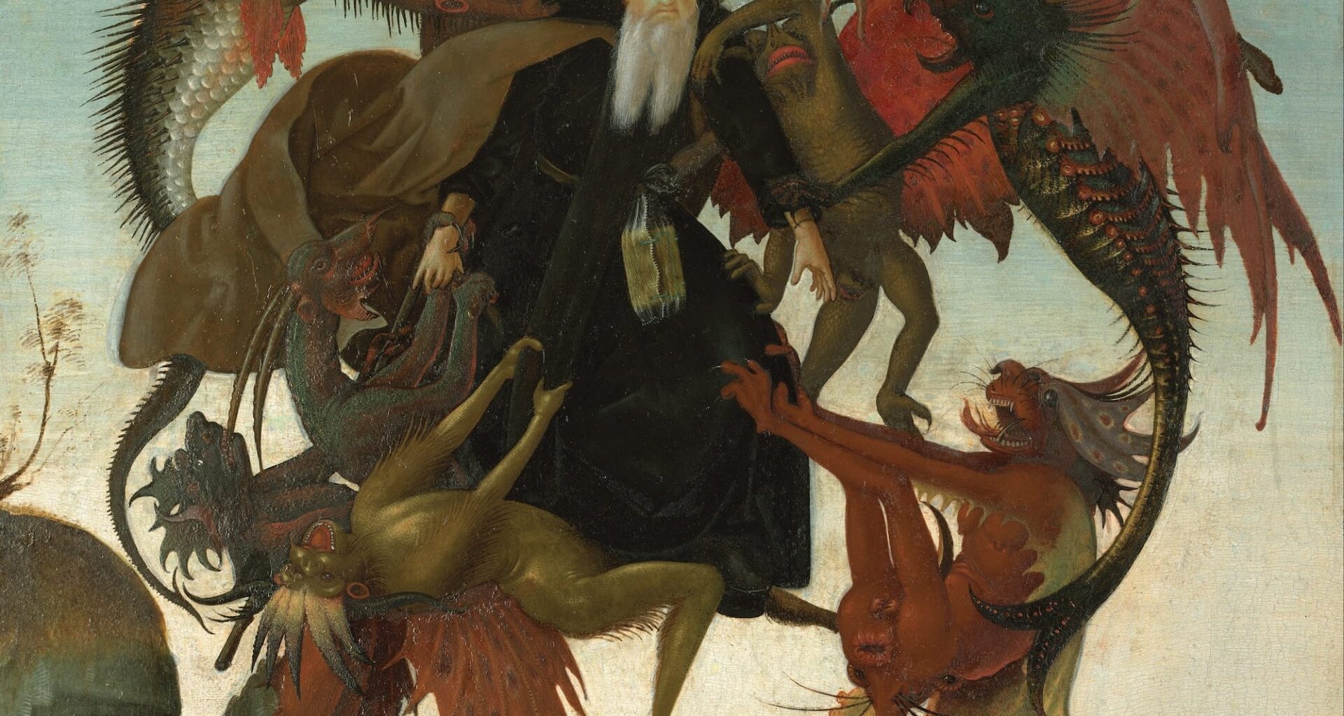 An early, vertical composition by Michelangelo of Saint Anthony surrounded by demons above a landscape