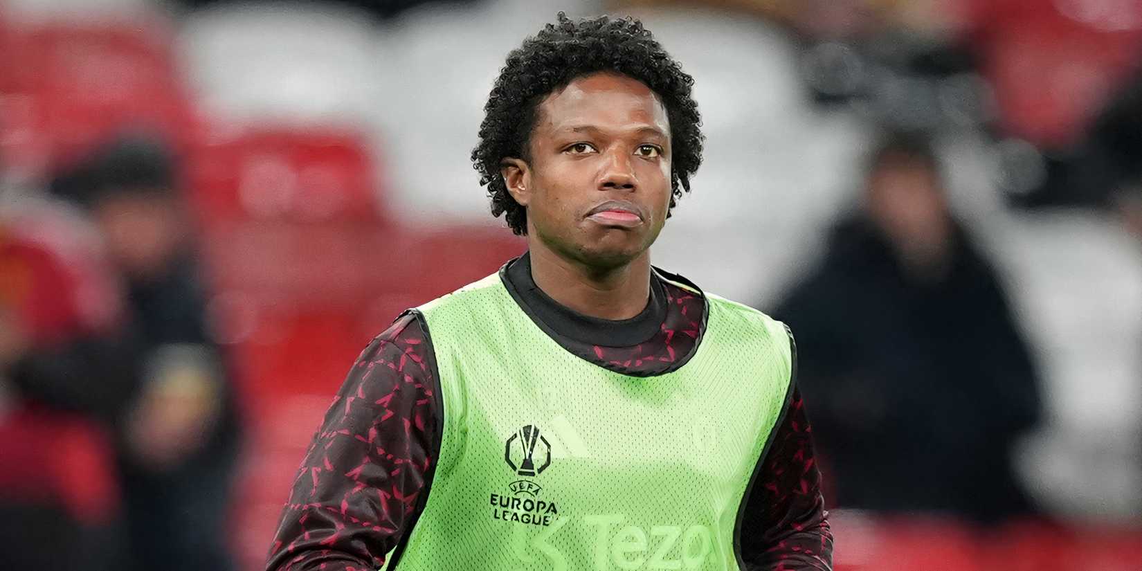 Tyrell Malacia during a pre-match warm-up at Manchester United