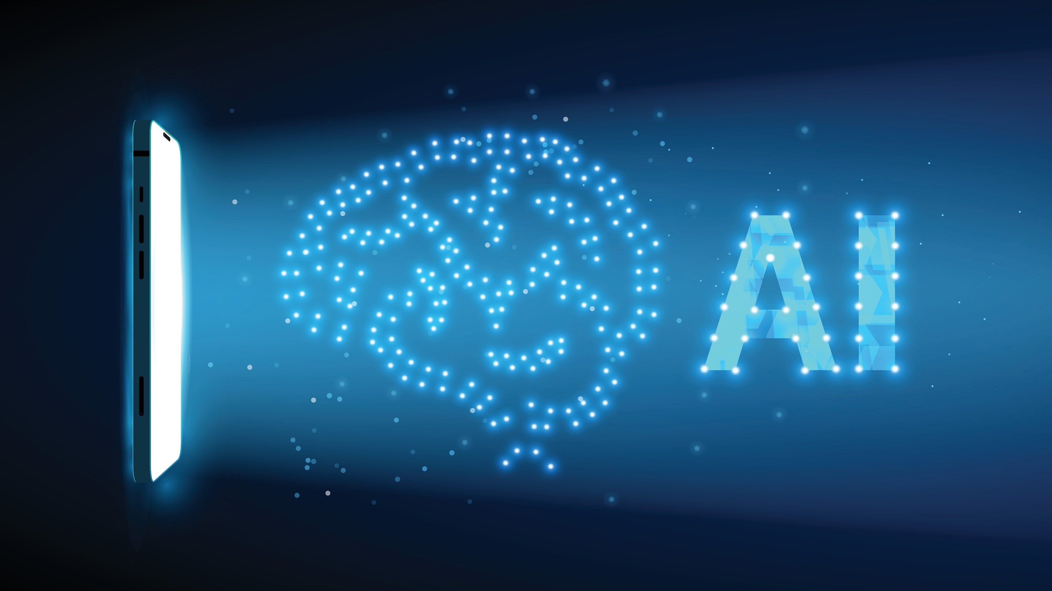 Artificial intelligence "AI" and brain glowing next to a smartphone screen