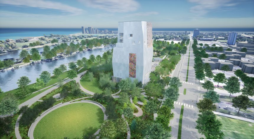 The monolithic Obama Presidential Center occupies a near-20-acre site in Chicago's Jackson Park.