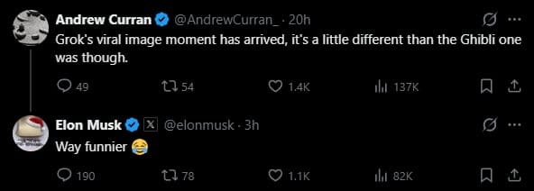 Musk saying its funnier than the Ghibli AI discussion