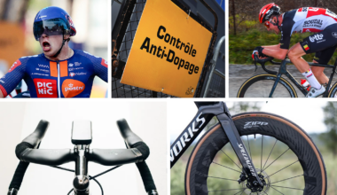 A collage of images showing a time trial helmet, a doping control sign, a rider using the puppy paws position, a narrow handlebar, and a deep wheel