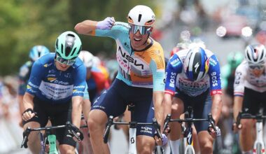 WILLUNGA, AUSTRALIA - JANUARY 24: (EDITOR&amp;apos;S NOTE: Alternate crop) Ethan Vernon of Great Britain and NSN Cycling Team celebrates at finish line as stage winner ahead of Tobias Lund Andresen of Denmark and Decathlon CMA CGM Team - Blue Sprint Jersey and Laurence Pithie of New Zealand and Team Red Bull - BORA - hansgrohe during the 26th Santos Tour Down Under 2026, Stage 4 a 130.8km stage from Brighton to Willunga / #UCIWT / on January 24, 2026 in Willunga, Australia. (Photo by Con Chronis/Getty Images)