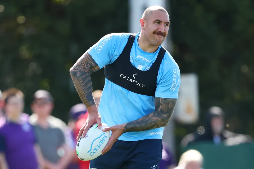 MELBOURNE, AUSTRALIA - SEPTEMBER 29: Nelson Asofa-Solomona of the Storm trains during a Melbourne Storm Training Session at Gosch's Paddock on September 29, 2025 in Melbourne, Australia. (Photo by Morgan Hancock/Getty Images