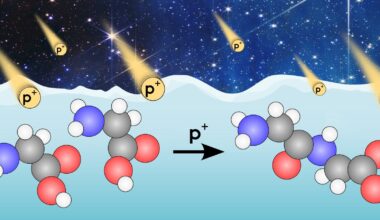 A graphical representation of glycine on a surface in the interstellar medium bombarded by cosmic rays to produce peptides, the building block of proteins. Credit: Hopkinson et al. (2025)/NASA/ESA/CSA/STScI