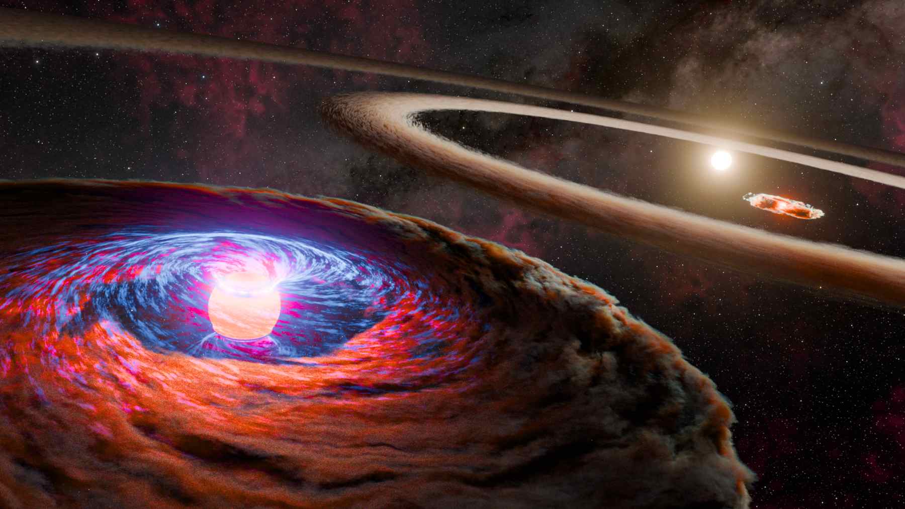 Artist illustration of a newborn gas giant forming inside a protoplanetary disk around a young Sun-like star.