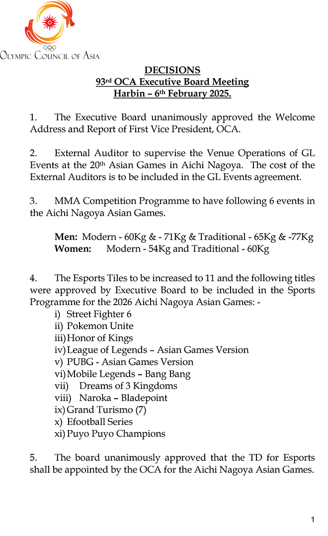 The 93rd Asian Olympic Council Executive Committee's decision on the addition of the mixed martial arts program Aichi-Nagoya Summer Games, Japan, page 1. Photo =OCA Official Document PDF