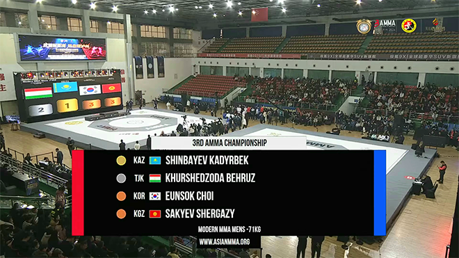 Kim Min-gun (left) of the Korea MMA General Association takes a photo to commemorate the men's 65kg silver medal at the 3rd Asian MMA Championship in Luzhou, Sichuan Province, China, in January 2026. Mixed martial arts will be held as an official event at the 20th Aichi-Nagoya Summer Asian Games in Japan from September 20 to 22. Photo = AMMA