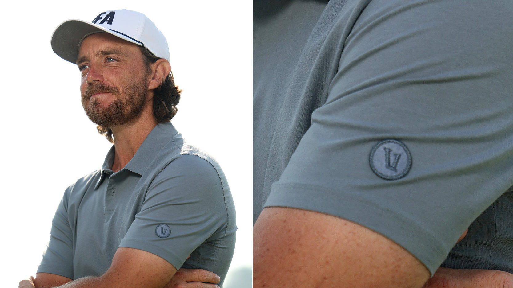 Tommy Fleetwood smiles and a close up of a logo