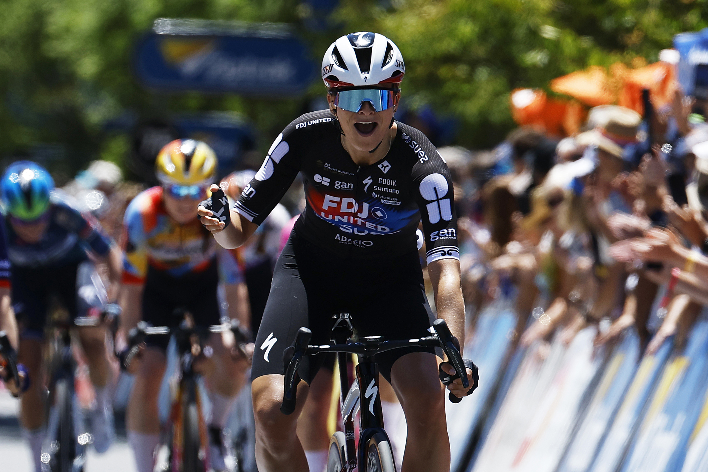 WILLUNGA, AUSTRALIA - JANUARY 17: (EDITOR'S NOTE: Alternate crop) Ally Wollaston of New Zealand and Team FDJ United - SUEZ celebrates at finish line as stage winner during the 10th Santos Women's Tour Down Under 2026, Stage 1 a 137.4km stage from Willunga to Willunga 134m / #UCIWWT / on January 17, 2026 in Willunga, Australia. (Photo by Con Chronis/Getty Images)