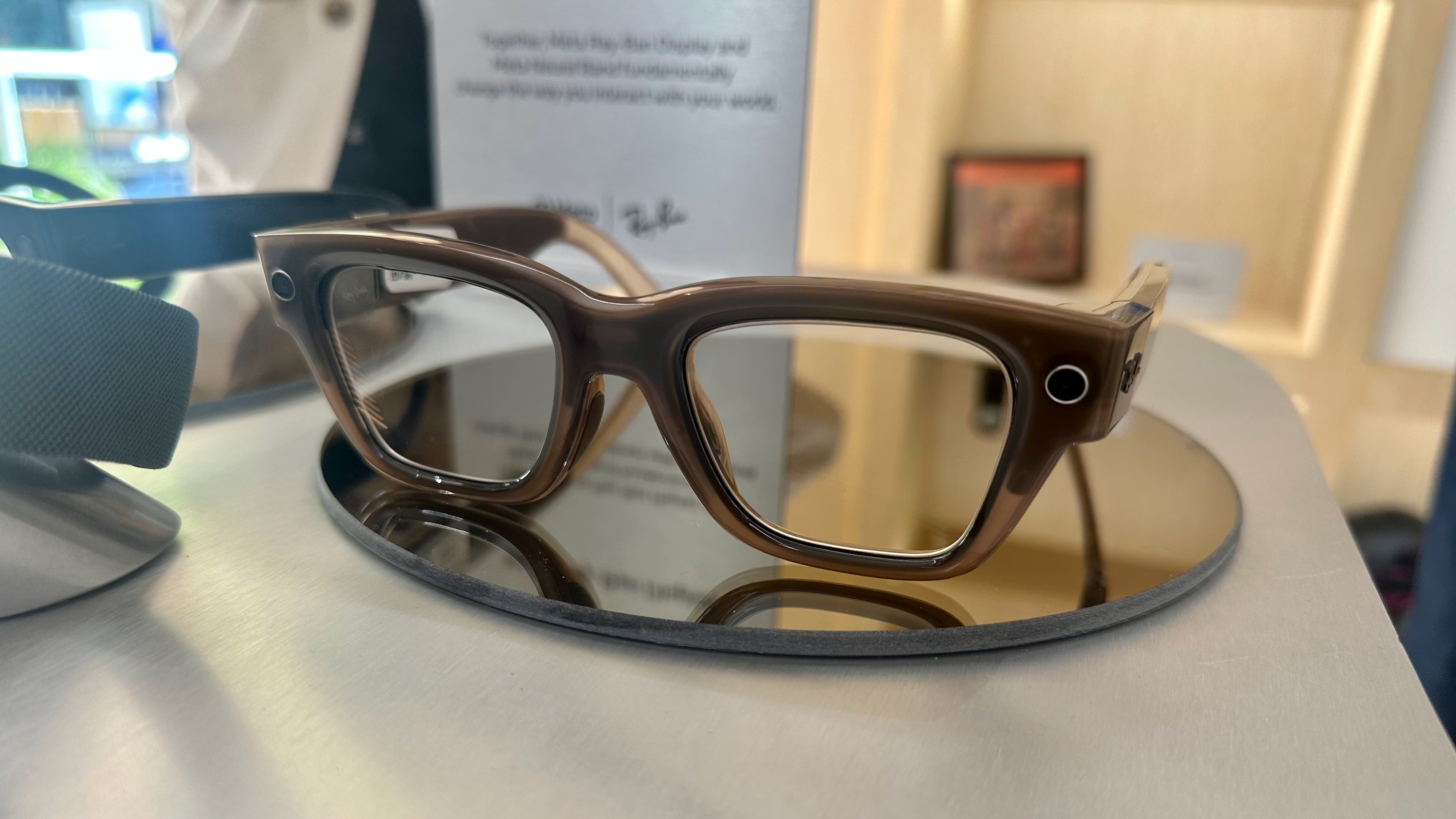 Photo of the Meta Ray-Ban Display smart glasses on display.