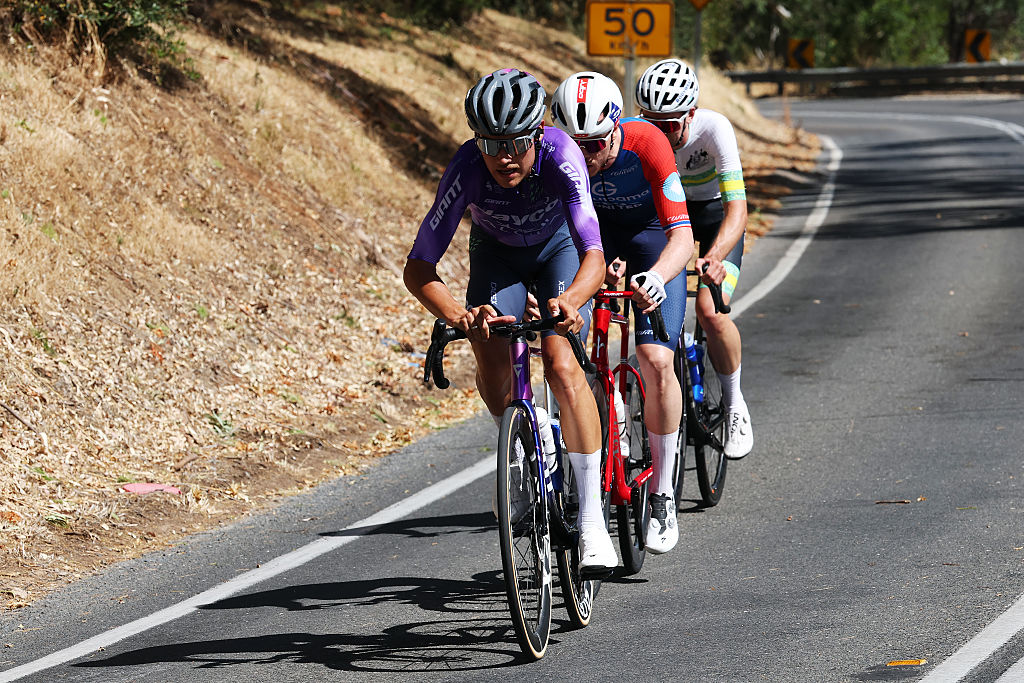 WILLUNGA, AUSTRALIA - JANUARY 24: Luke Plapp of Australia and Team Jayco AlUla competes in the breakaway during the 26th Santos Tour Down Under 2026, Stage 4 a 130.8km stage from Brighton to Willunga / #UCIWT / on January 24, 2026 in Willunga, Australia. (Photo by Con Chronis/Getty Images)