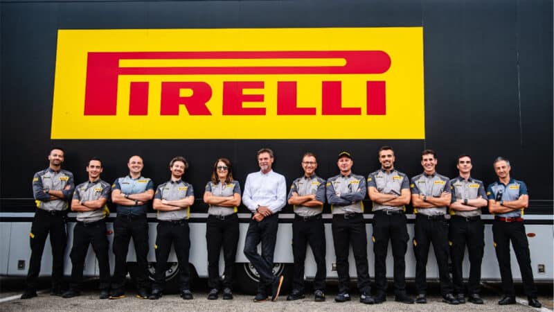 Pirelli’s MotoGP engineers, led by Barbier (white shirt), during last September’s MotoGP test at Misano