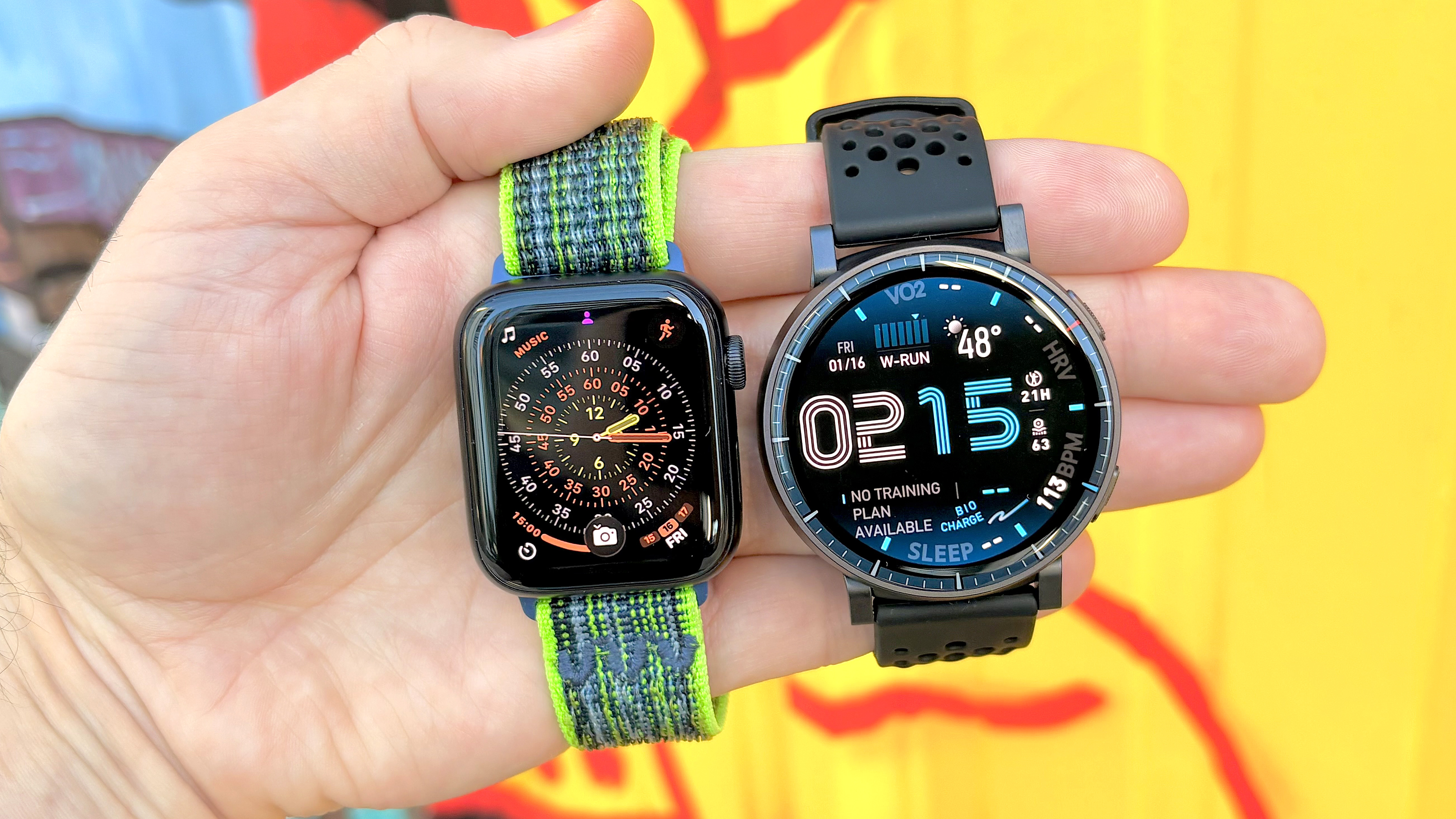 CLose-up of the Apple Watch SE 3 and Amazfit Active Max smartwatches after a 7,500-step walk test comparison