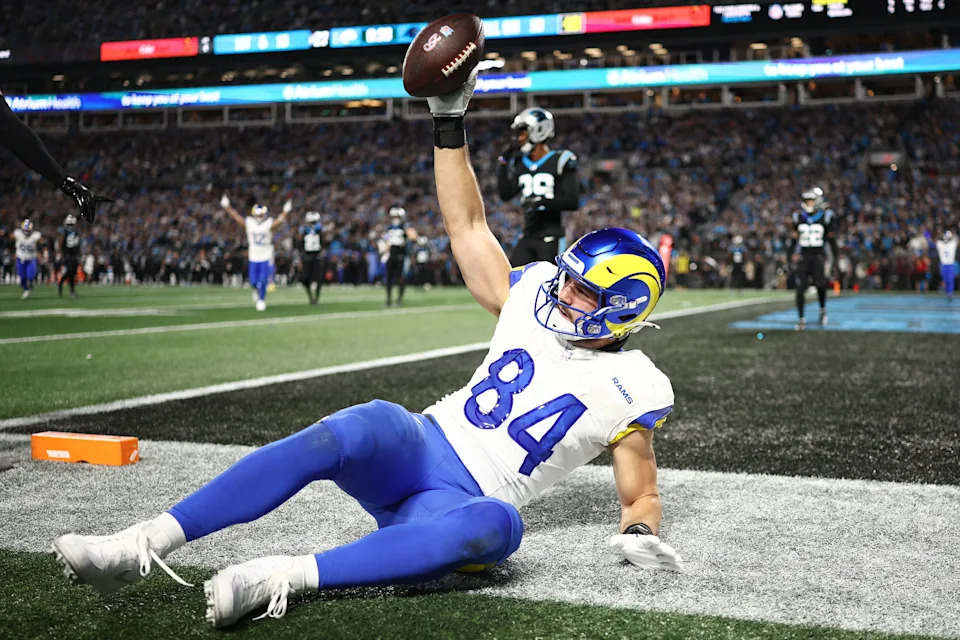 Colby Parkinson celebrates after his spectacular game-winning grab. (Jared C. Tilton/Getty Images)