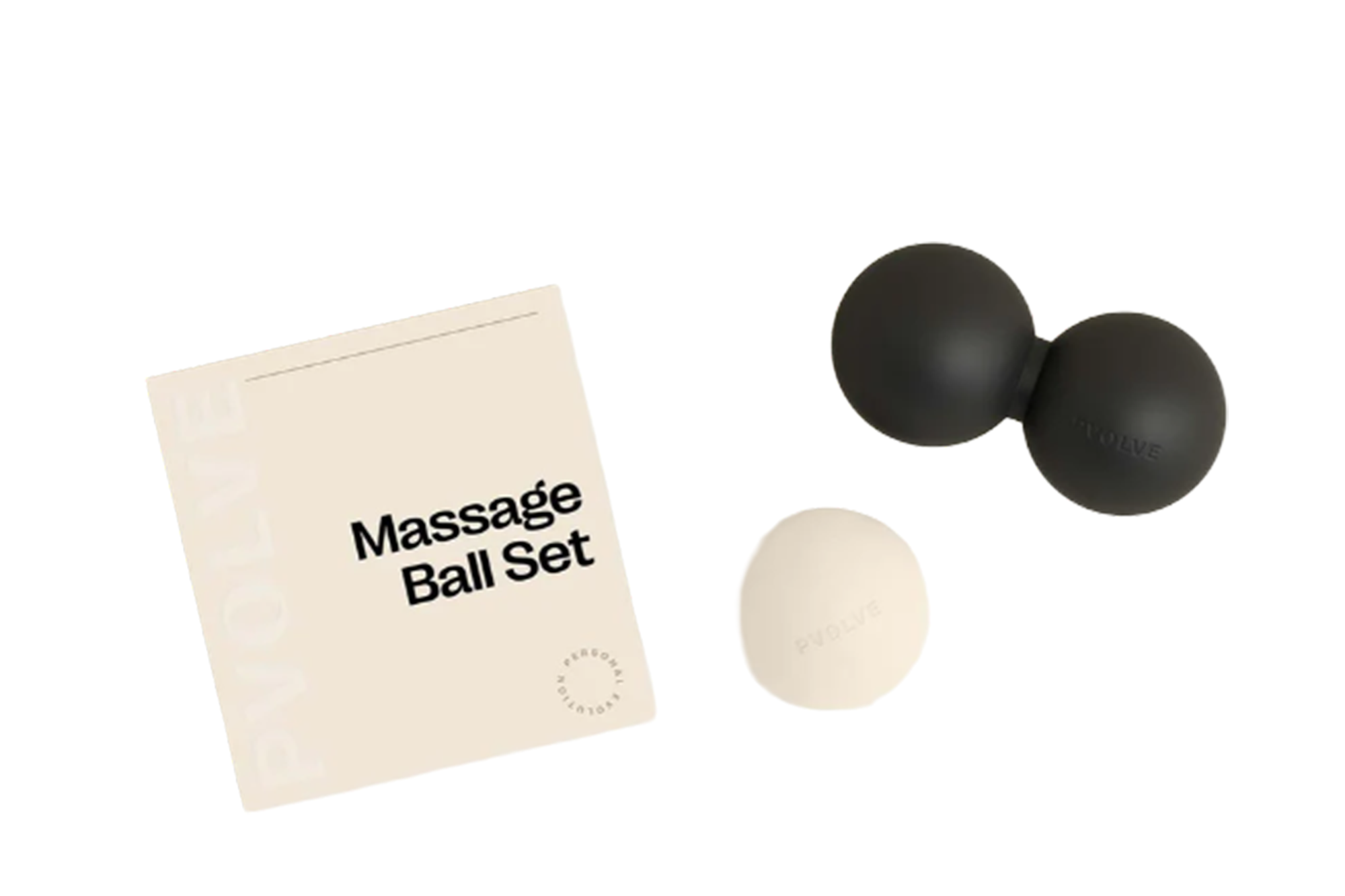 P.volve Massage Ball Set with two round massage balls, one beige, and one black, and a beige box.