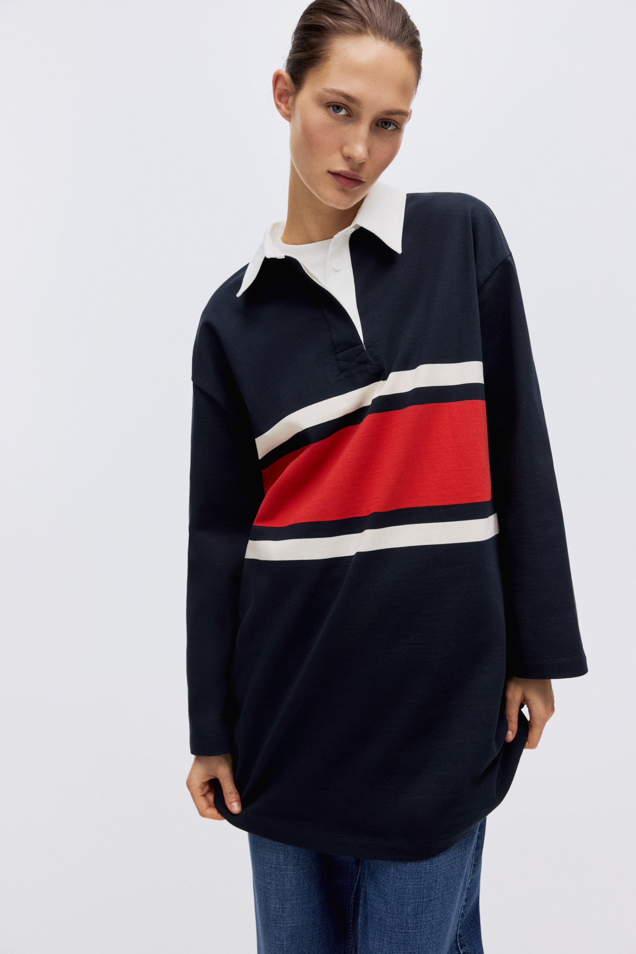 Long Rugby Shirt - Navy Blue/striped