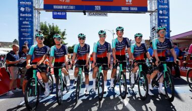 TANUNDA, AUSTRALIA - JANUARY 21: Tobias Lund Andresen of Denmark, Oscar Chamberlain of Australia, Pierre Gautherat of France, Tord Gudmestad of Norway, Antoine L&amp;apos;Hote of France, Nicolas Prodhomme of France, Callum Scotson of Australia and Decathlon CMA CGM Team prior to the 26th Santos Tour Down Under 2026, Stage 1 a 120.6km stage from Tanunda to Tanunda on January 21, 2026 in Tanunda, Australia. (Photo by Con Chronis/Getty Images)