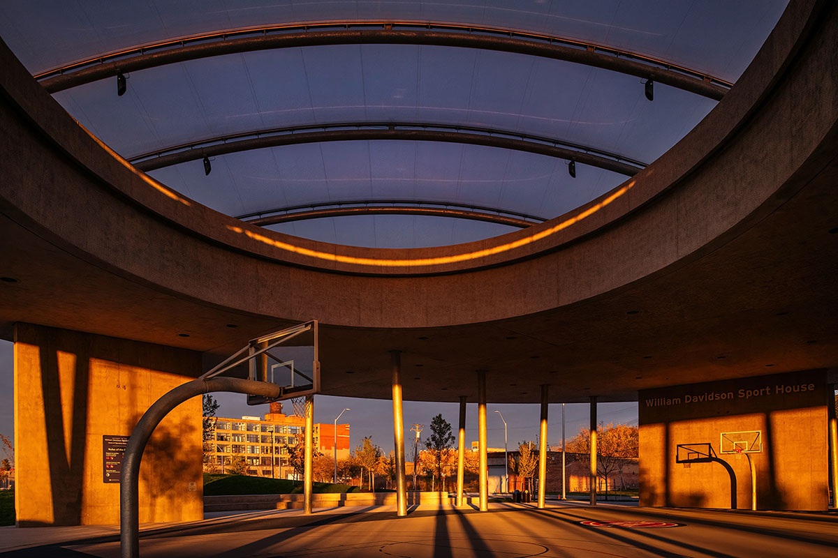 Adjaye Associates creates a pavilion-like basketball court for Detroit
