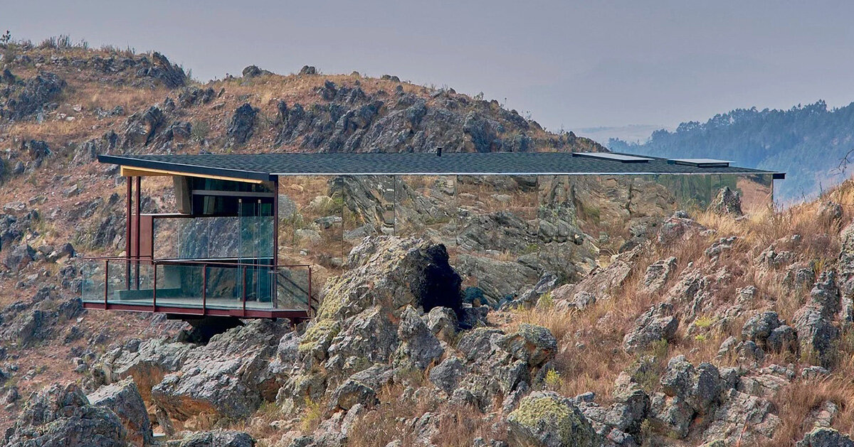 glass mirrors the andean terrain across cabin by rtresarquitectos
