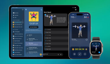 Screenshots showing Reps & Sets 26 strength training app on iPhone, iPad and Apple Watch.