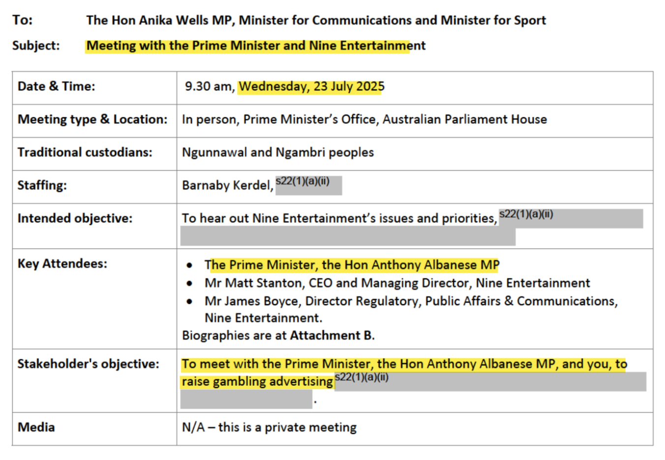 Meeting Brief for Nine (Source: FOI)