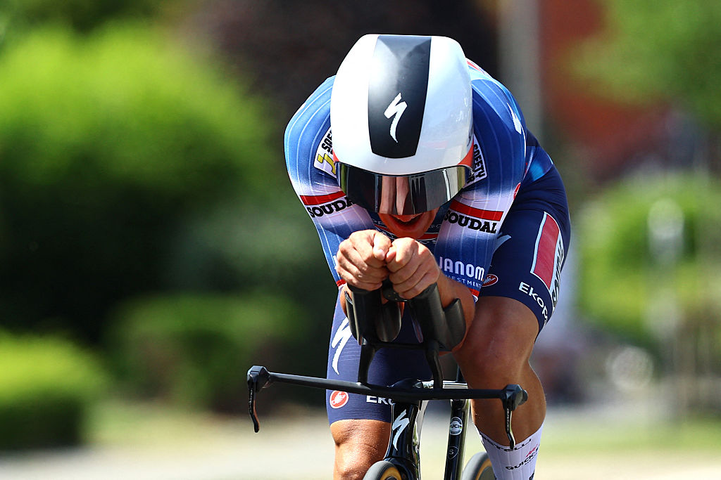 Soudal Quick-Step cyclist British Ethan Hayter competes during the third stage of the Baloise Belgium Tour cycling race, a 9,7km individual time trial from Tessenderlo to Ham, on June 20, 2025. The Baloise Belgium Tour takes place from June 18 to 22. (Photo by DAVID PINTENS / Belga / AFP) / Belgium OUT