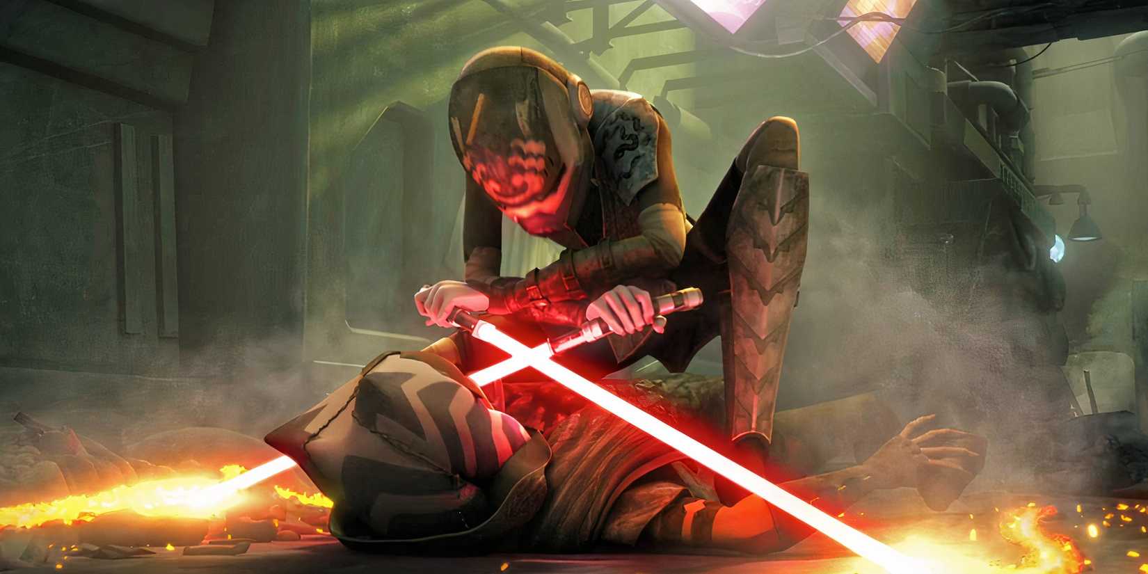 Asajj Ventress, masked, holds Ahsoka Tano on the ground with her twin red lightsabers on Coruscant.