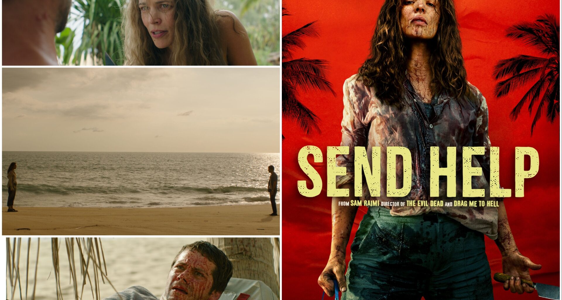 A dramatic movie poster for 'Send Help' featuring a distressed woman covered in blood, standing against a red tropical background adorned with palm trees. The poster highlights the film's intensity and themes of survival and horror.