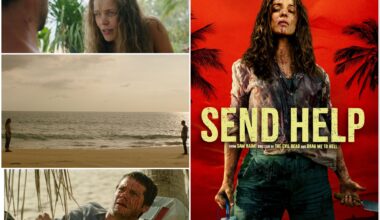 A dramatic movie poster for 'Send Help' featuring a distressed woman covered in blood, standing against a red tropical background adorned with palm trees. The poster highlights the film's intensity and themes of survival and horror.