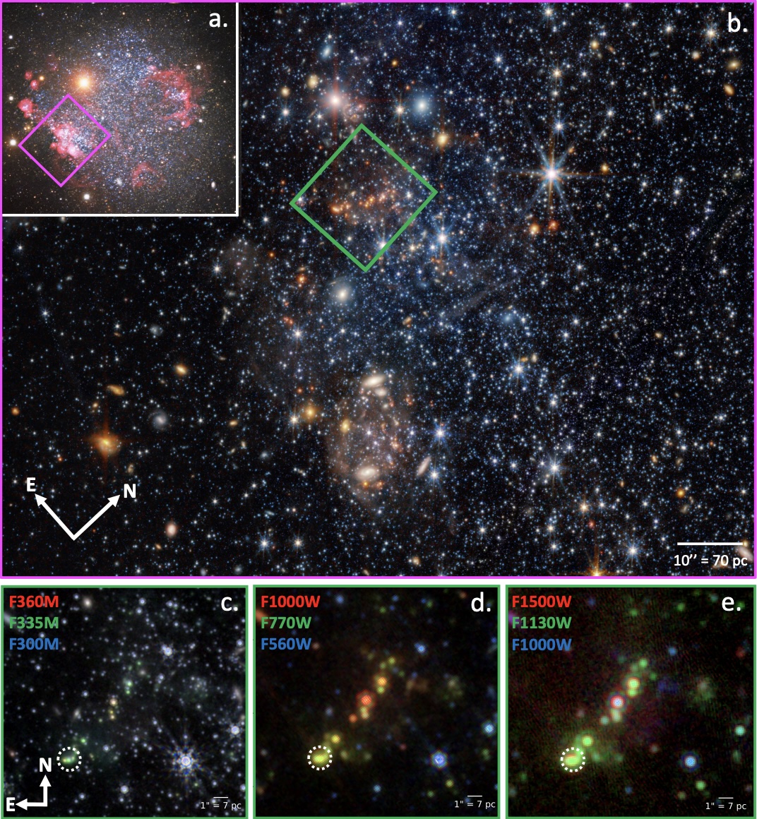 Composite image showing various regions of a galaxy cluster, with colored boxes highlighting areas rich in cosmic dust and detailed close-ups in panels below, annotated with filter information and scale bars.