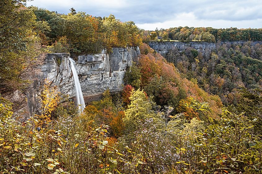 Minelot Falls and the Helderberg Escarpment with foliage in John Boyd Thacher State Park, Albany, New York
