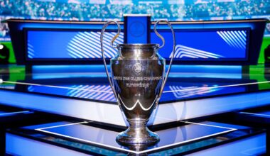 MONACO, MONACO - AUGUST 27: The UEFA Champions League trophy is seen on the stage ahead of the UEFA Champions League 2025/26 League Phase Draw at Grimaldi Forum on August 27, 2025 in Monaco, Monaco. (Photo by Claudio Lavenia - UEFA/UEFA via Getty Images)