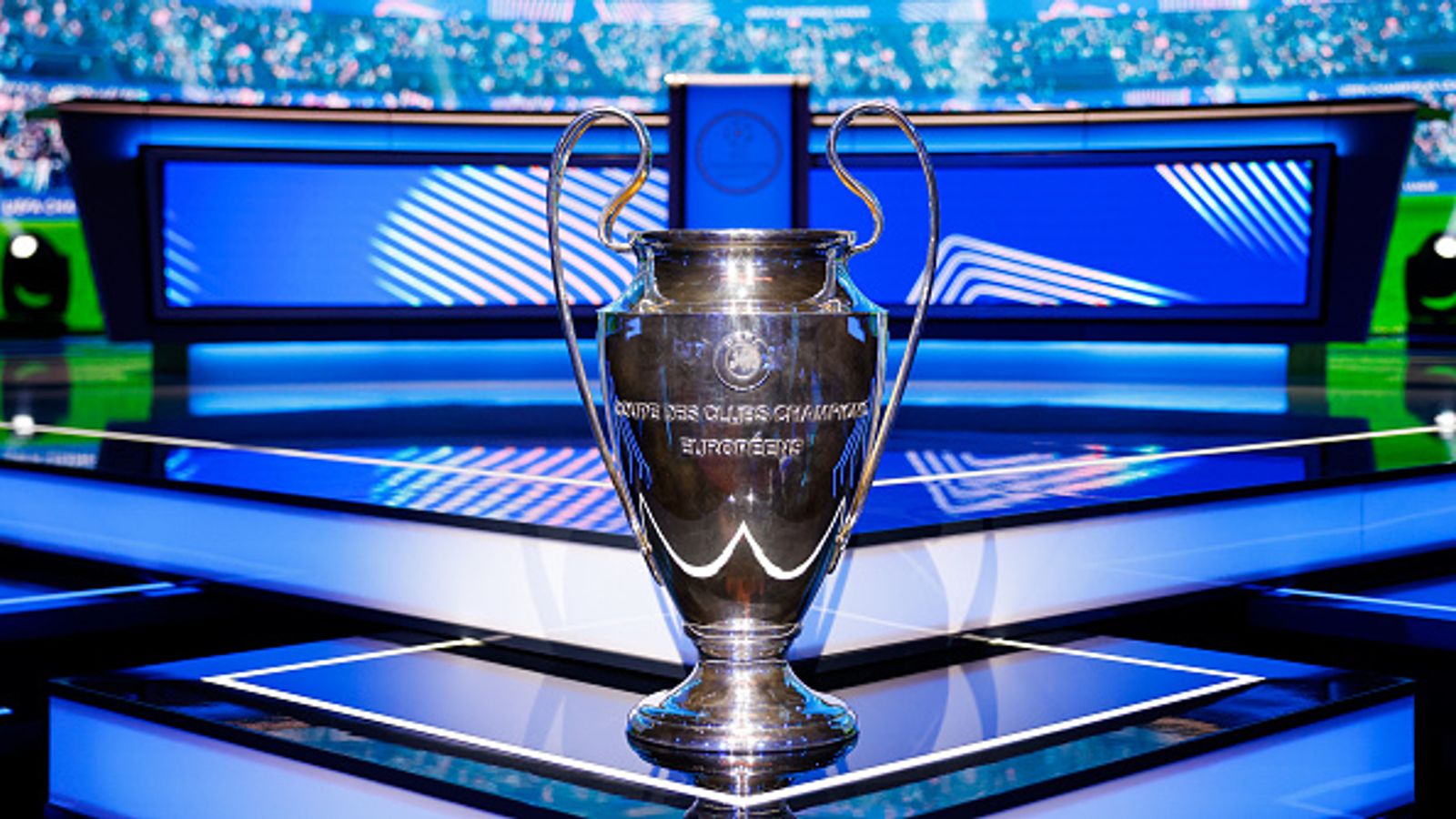 MONACO, MONACO - AUGUST 27: The UEFA Champions League trophy is seen on the stage ahead of the UEFA Champions League 2025/26 League Phase Draw at Grimaldi Forum on August 27, 2025 in Monaco, Monaco. (Photo by Claudio Lavenia - UEFA/UEFA via Getty Images)
