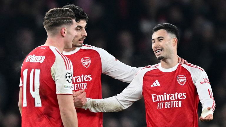 Gabriel Martinelli celebrates scoring Arsenal's third goal