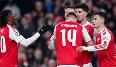 Arsenal's Kai Havertz (second right) celebrates with team-mates after scoring their second goal