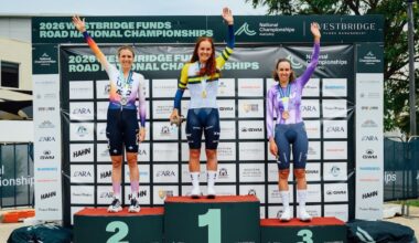 The elite women's time trial podium at the 2026 Westbridge Funds Australian Road National Championships - Felicity Wilson-Haffenden first, Brodie Chapman second and Josie Talbot third