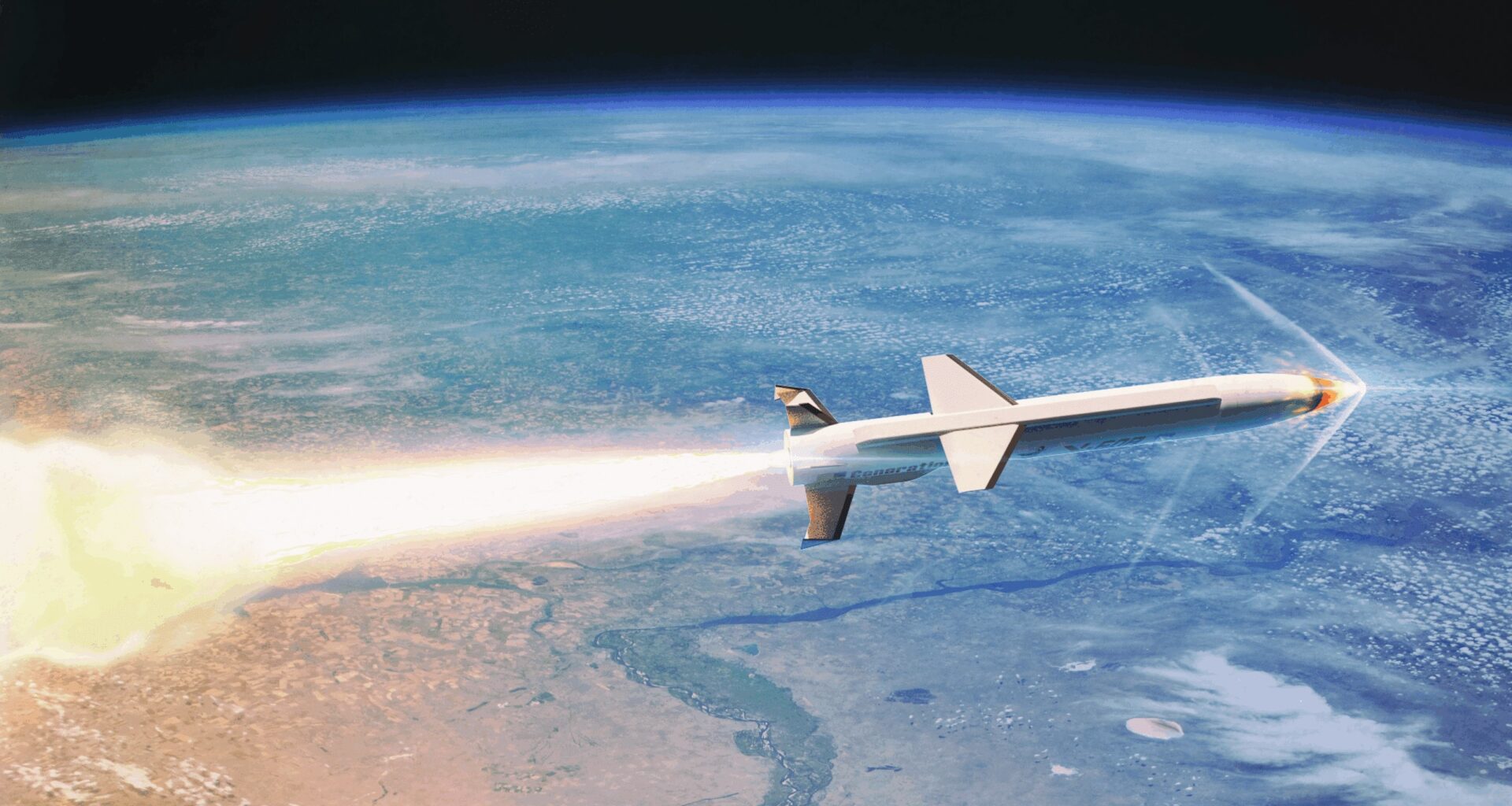 The SpaceWorks X-60 rocket is pictured in flight in the upper atmosphere, with the curvature of the Earth below it.