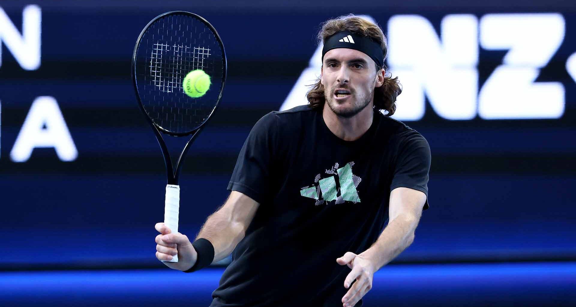 Stefanos Tsisipas during practice at the United Cup in Perth.