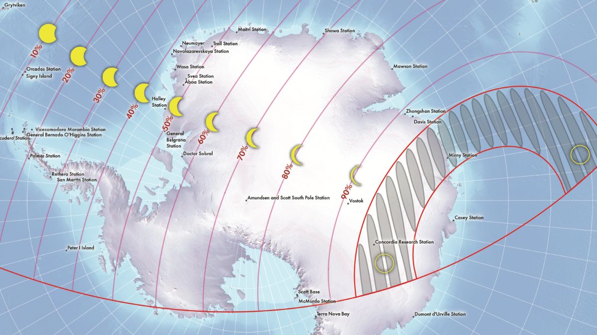 Map showing path of the annular solar eclipse on Feb. 17, 2026 over Antarctica.