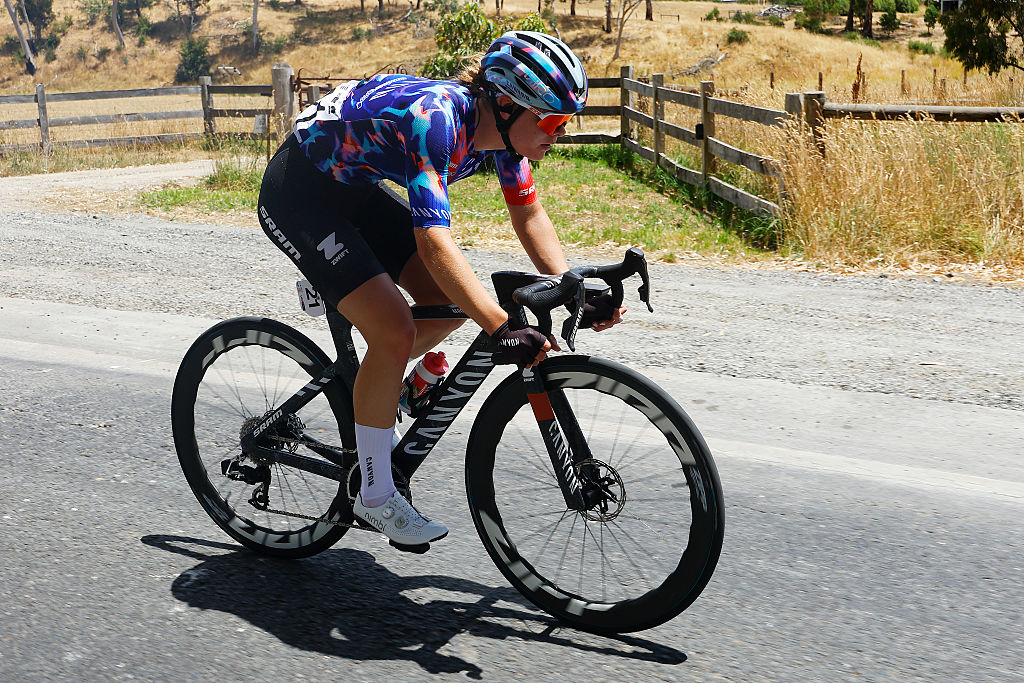 PARACOMBE, AUSTRALIA - JANUARY 18: Wilma Aintila of Finland and Team CANYON//SRAM Zondacrypto compete in the breakaway during the 10th Santos Women&amp;apos;s Tour Down Under 2026, Stage 2 a 130.7km stage from Magill to Paracombe 410m / #UCIWWT / on January 18, 2026 in Paracombe, Australia. (Photo by Con Chronis/Getty Images)