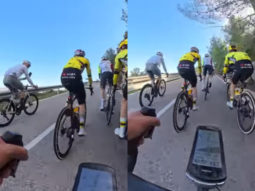 Fan films Visma-Lease a Bike on blind bend 