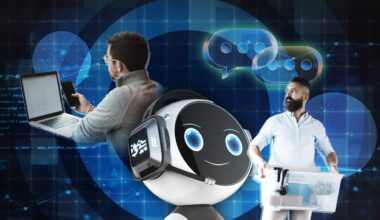 A composite image made up of a chatbot, a person looking at a computer screen and phone and an office worker holding a container full of personal items.