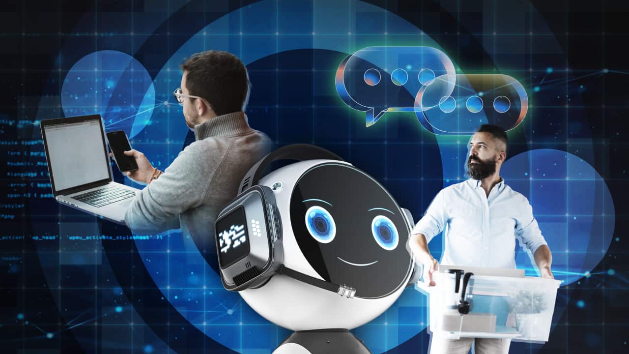 A composite image made up of a chatbot, a person looking at a computer screen and phone and an office worker holding a container full of personal items.