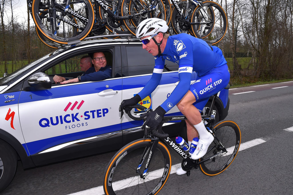 HARELBEKE, BELGIUM - MARCH 23: Tim Declercq of Belgium and Team Quick-Step Floors / Wilfried Peeters of Belgium QS Sportsdirector during the 61st E3 Harelbeke 2018 a 206,4km race from Harelbeke to Harelbeke on March 23, 2018 in Harelbeke, Belgium. (Photo by Tim de Waele/Getty Images)