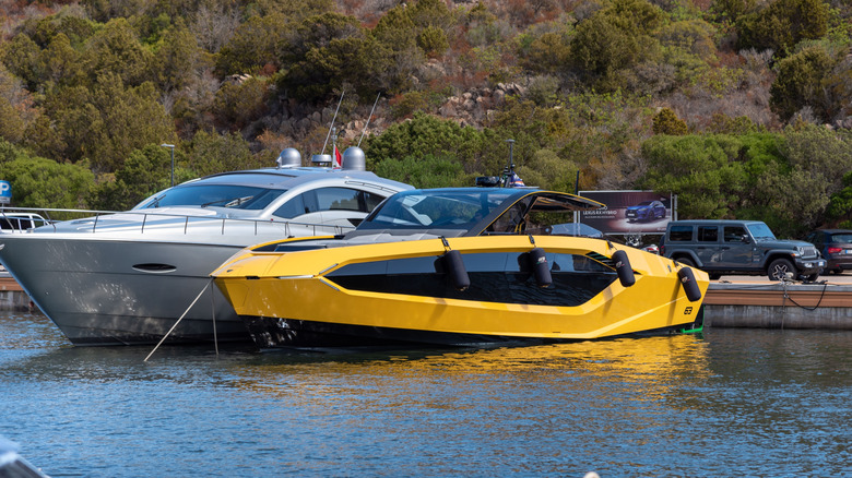 A Lamborghini yacht moored in Arzachena's marina
